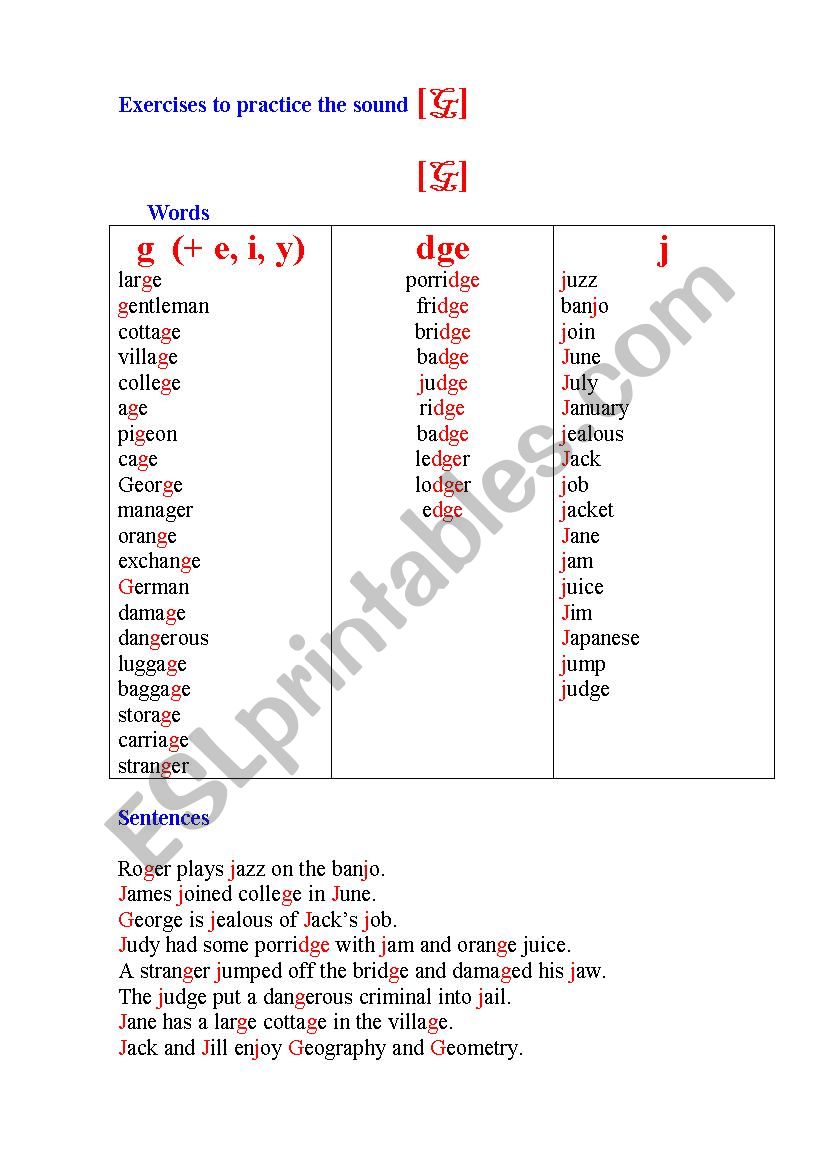 Phonetic Exercises With The Sound D3 Esl Worksheet By Korova Daisy